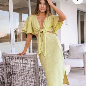 Lulus Summer Journey Light Green Tie-Front Cutout Midi Dress